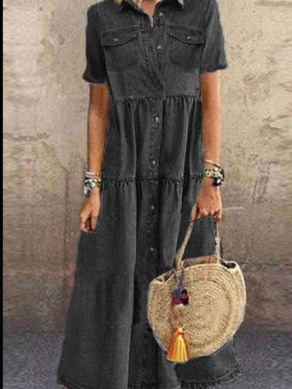 Black Tiered Denim Dress